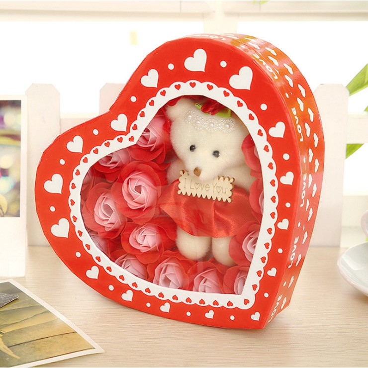 Hộp quà Hoa hồng sáp gấu bông trái tim