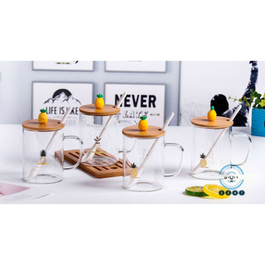 [ kèm feedback ] Cốc thủy tinh chịu nhiệt kèm nắp đậy tạo hình cute  và thìa - ly thuỷ tinh chịu nhiệt uống trà,cafe,...