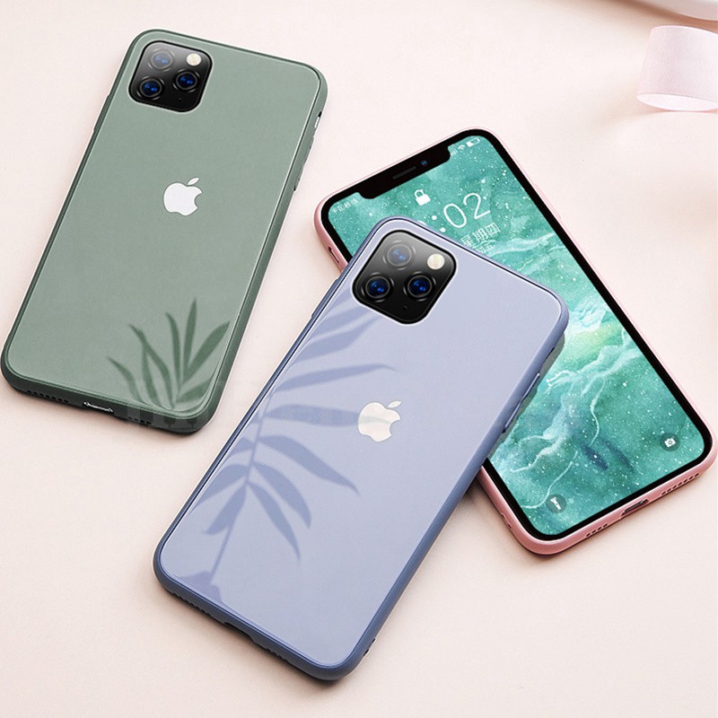 Ốp điện thoại kính cường lực màu kẹo viền silicone cho IPhone 6 6s 7 8 Plus X XS MAX XR 11 PRO Promax