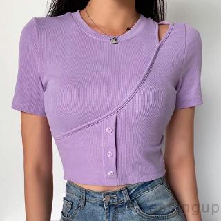 D❃♪Áo ngắn thời trang sọc rốn màu tím dành cho nữ (S / M / L)