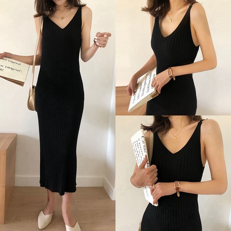 Đầm dệt kim hai dây dáng dài mẫu  thời trang mùa thu mới dành cho nữ