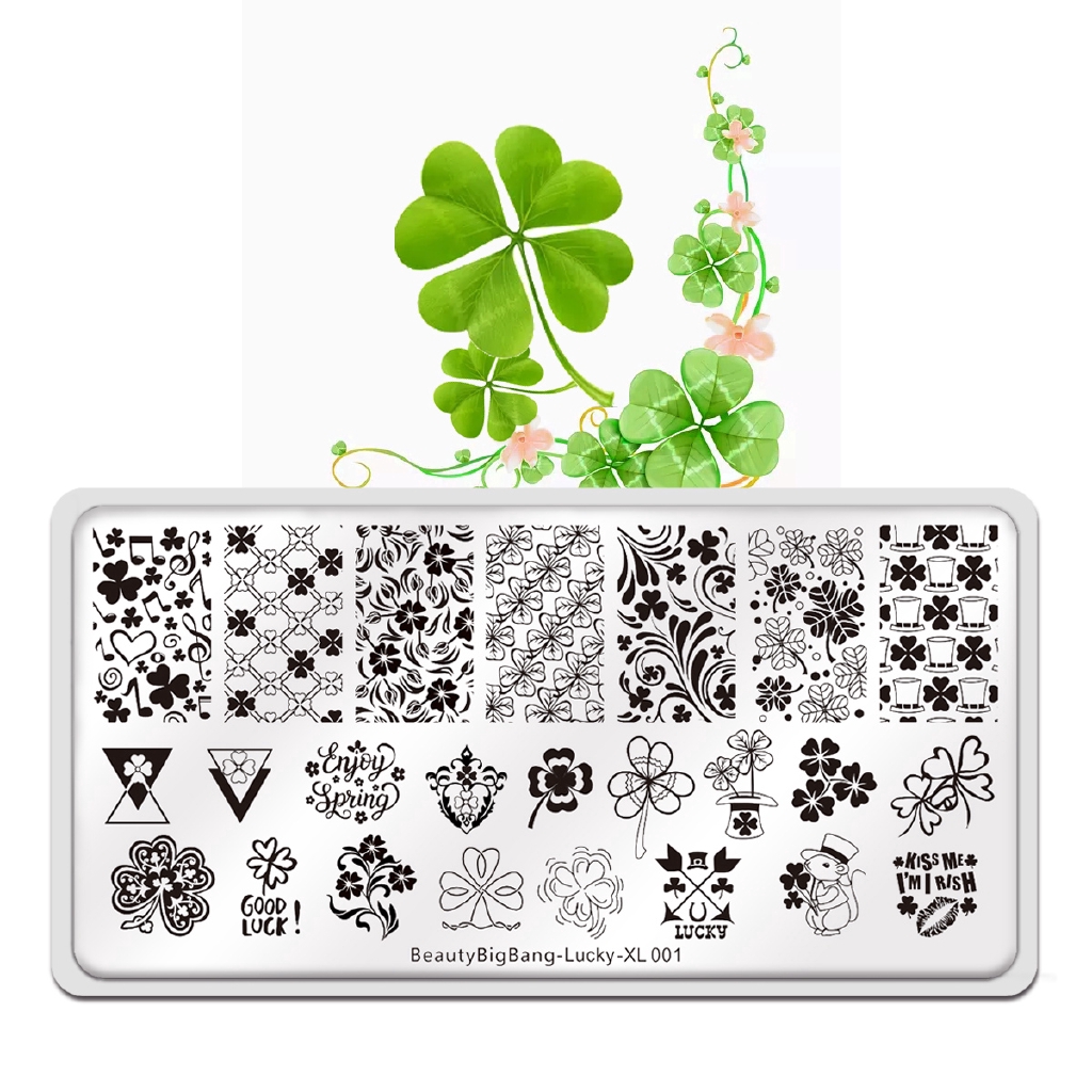BEAUTYBIGBANG Lucky XL-001 Rectangle Nail Stamping Plate St. Patrick's Day Four-leaf clover lucky Theme Manicure Nail Art Image Template Manicure Stencils Tool CEP