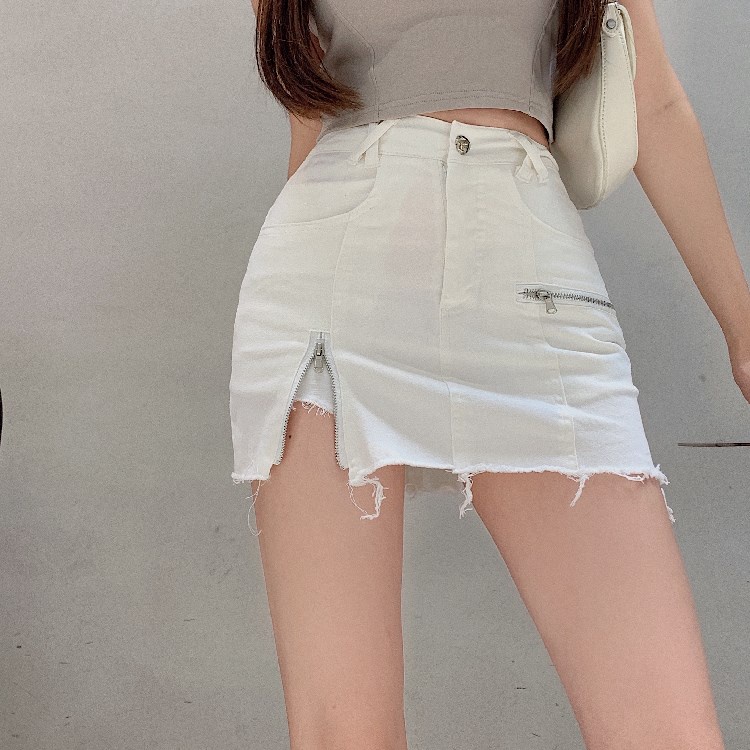 Chân Váy Jeans Lưng Cao Màu Trắng Thiết Kế Xẻ Tà Phong Cách Trung Hoa Mới