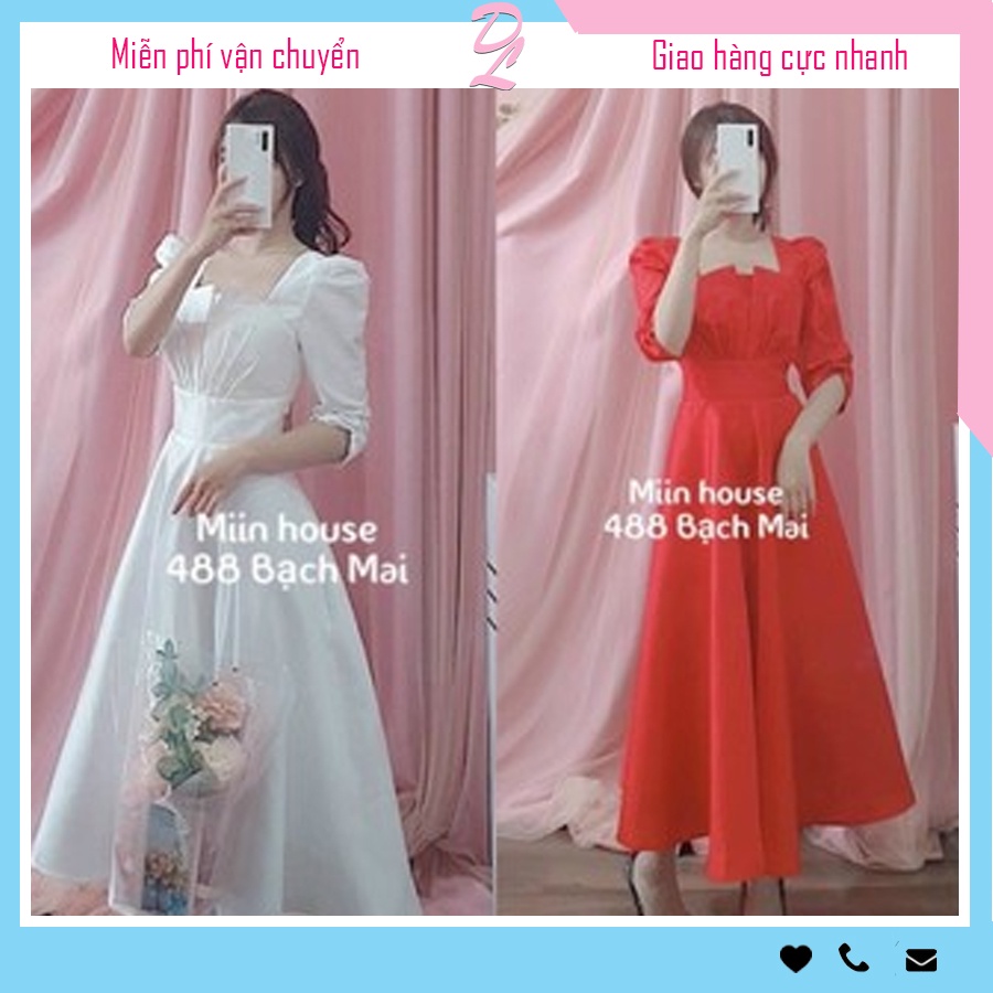 đầm nữ dáng xòe tay phồng cổ chữ V phối nơ eo chất liệu vải gấm