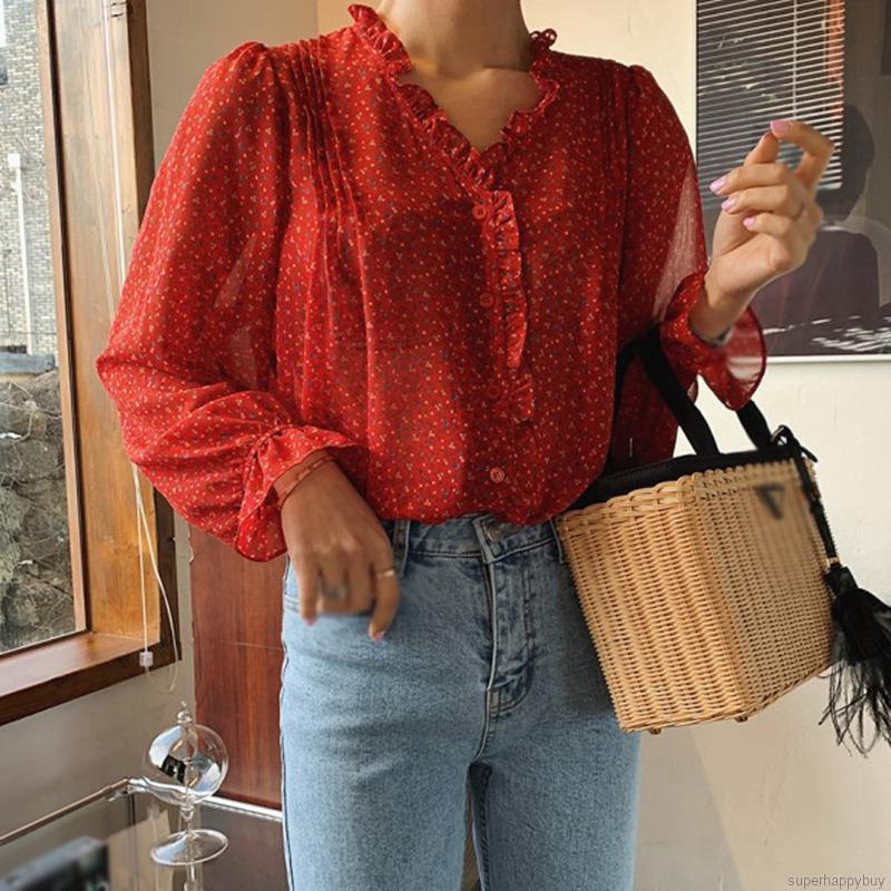 Áo Kiểu Chiffon In Hoa Tay Phồng Thanh Lịch Phong Cách Hàn Quốc
