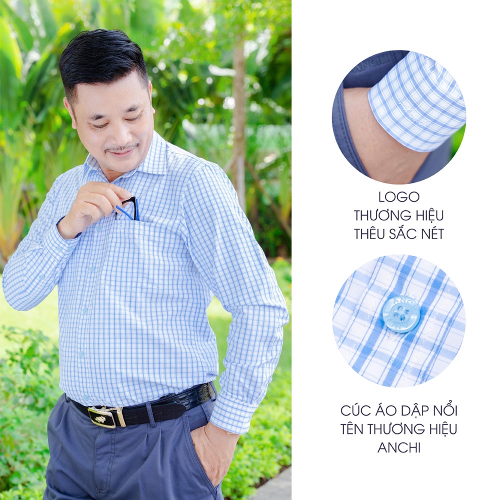 Áo Sơ Mi Nam Dài Tay Trung Niên ANCHI Sợi Tre Hoạ Tiết Caro Bamboo Xanh