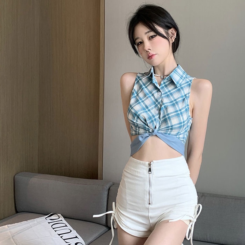 Áo sát nách ngắn IELGY họa tiết sọc caro phong cách retro thời trang cho nữ