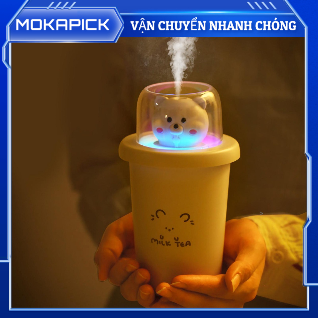 Mokapick Máy tạo độ ẩm nhỏ USB Powered Silent Dễ thương cốc trà sữa để bàn với ánh sáng đầy màu sắc cho văn phòng ngủ trên ô tô