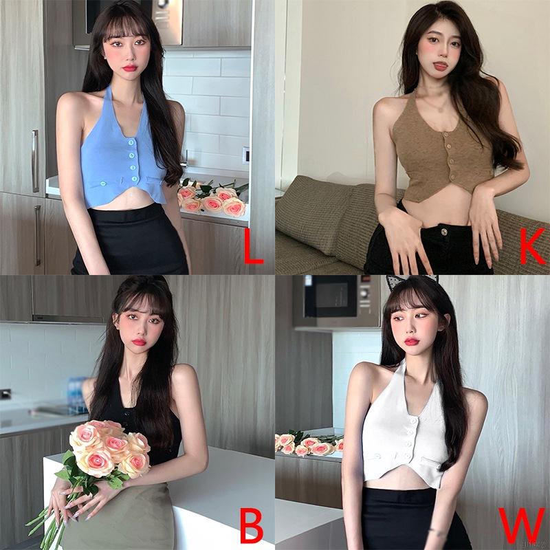 Áo Croptop Dệt Kim Màu Trơn Phong Cách Hàn Quốc Gợi Cảm Cho Nữ
