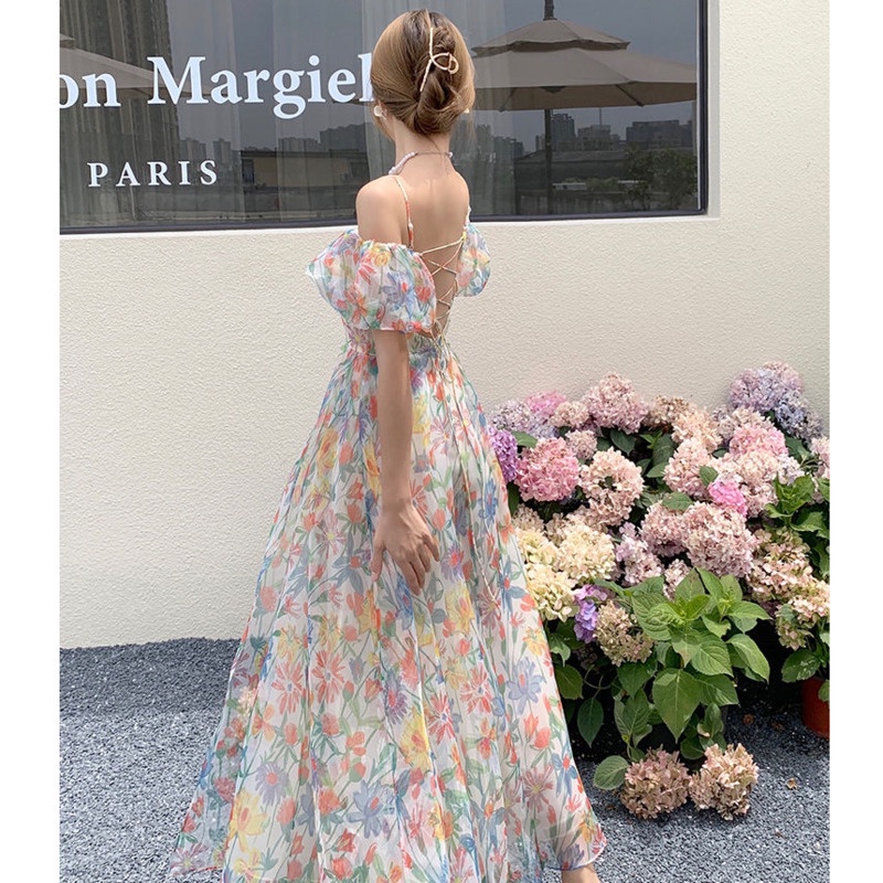 Đầm Dài Trễ Vai Tay Phồng Họa Tiết Hoa Thời Trang Xuân Hè Mới