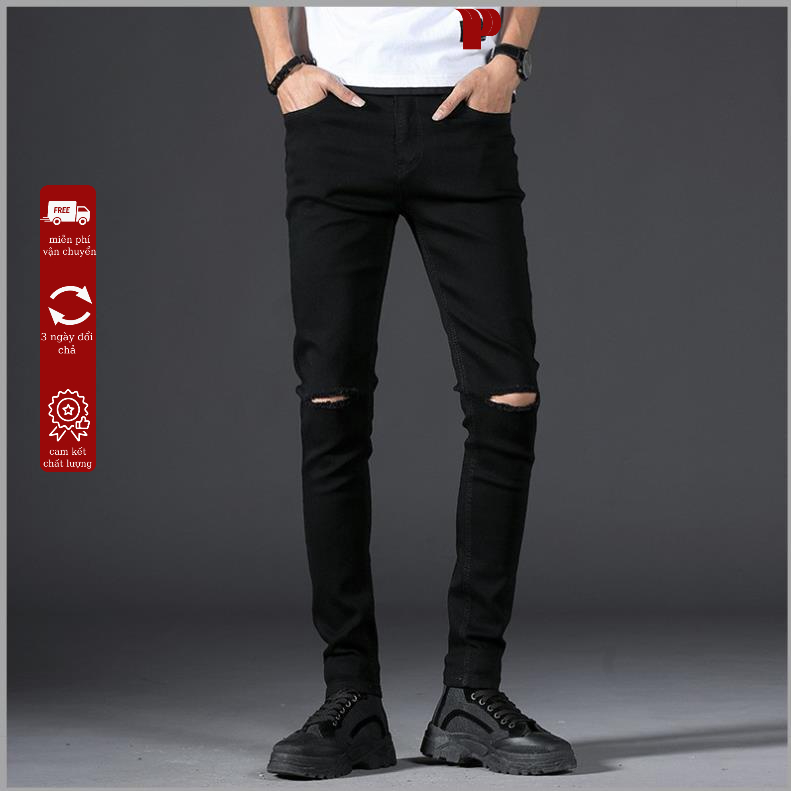 Quần jean nam rách gối màu đen chất bò cao cấp co dãn 4 chiều cực đẹp rin trơn from dáng skinny đẹp LEPHG MS50
