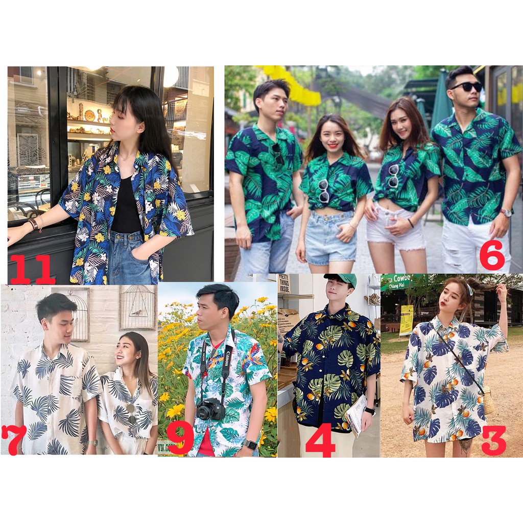 Áo sơ mi đi biển, sơ mi nhóm lớp họa tiết hawaii hoa lá