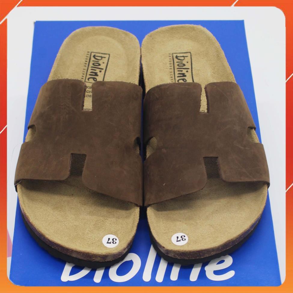 [DA BÒ THẬT] D04-Dép da chữ H Birken Bioline Unisex (Đế trấu) - Juni Store