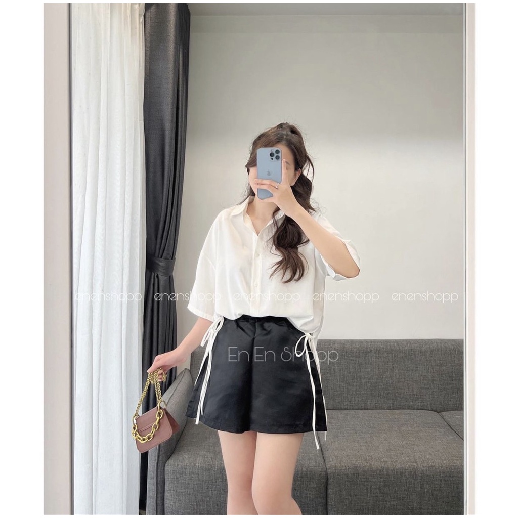 Áo sơ mi ngắn tay chất lụa hàn không nhăn 2 bên buộc dây, áo sơ mi lụa thắt dây eo