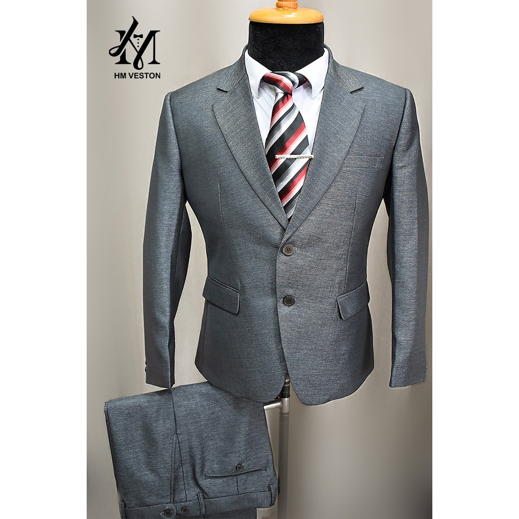 Bộ vest nam 2 nút màu xám xước chất liệu vải nhập cao cấp tặng kèm cà vạt + kẹp