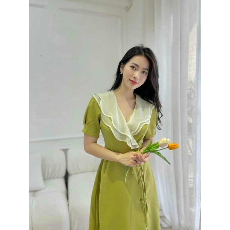 Váy nữ thiết kế dự tiệc, Đầm Midi phối bèo cổ trẻ trung , dễ thương