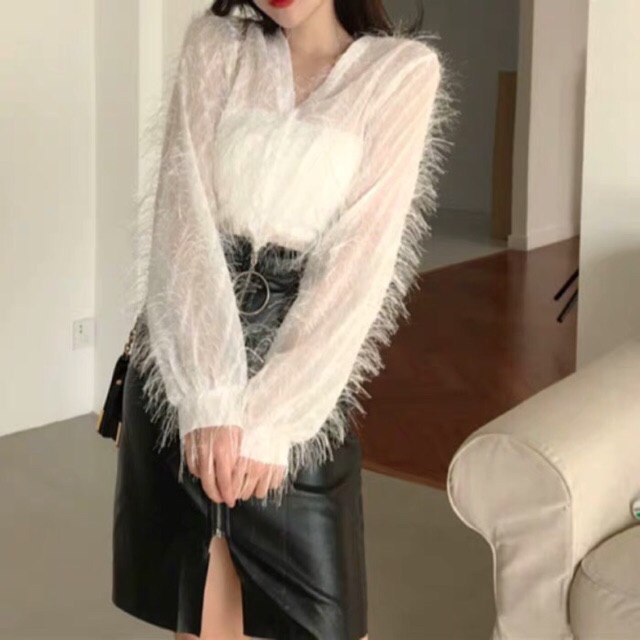 ÁO SƠ MI THẮT NƠ ĐÍNH LÔNG TIỂU THƯ (ảnh thật)