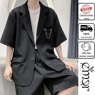 Áo Blazer Cộc Tay Nam Nữ Dáng Dài , Áo Khoác Vest Nam Nữ Dáng Suông Basic 2 Khuy Cài Thời Trang Hàn Quốc E'mer