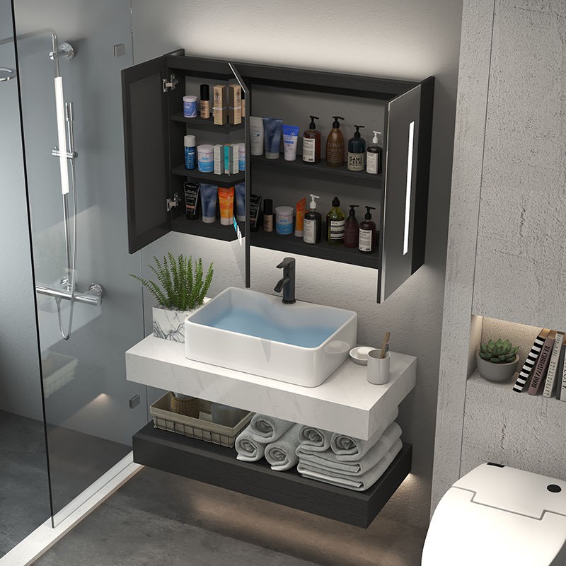 Tủ phòng tắm bằng gỗ nguyên khối kết hợp chậu rửa đơn giản hộ gia đình chung cư nhỏ trang điểm âm tường | BigBuy360 - bigbuy360.vn