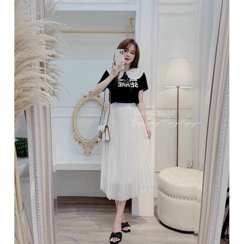 Chân váy xếp ly dài hàng QC, Chân váy maxi lưới lụa cạp chun CV1550 - NhiNhi Shop