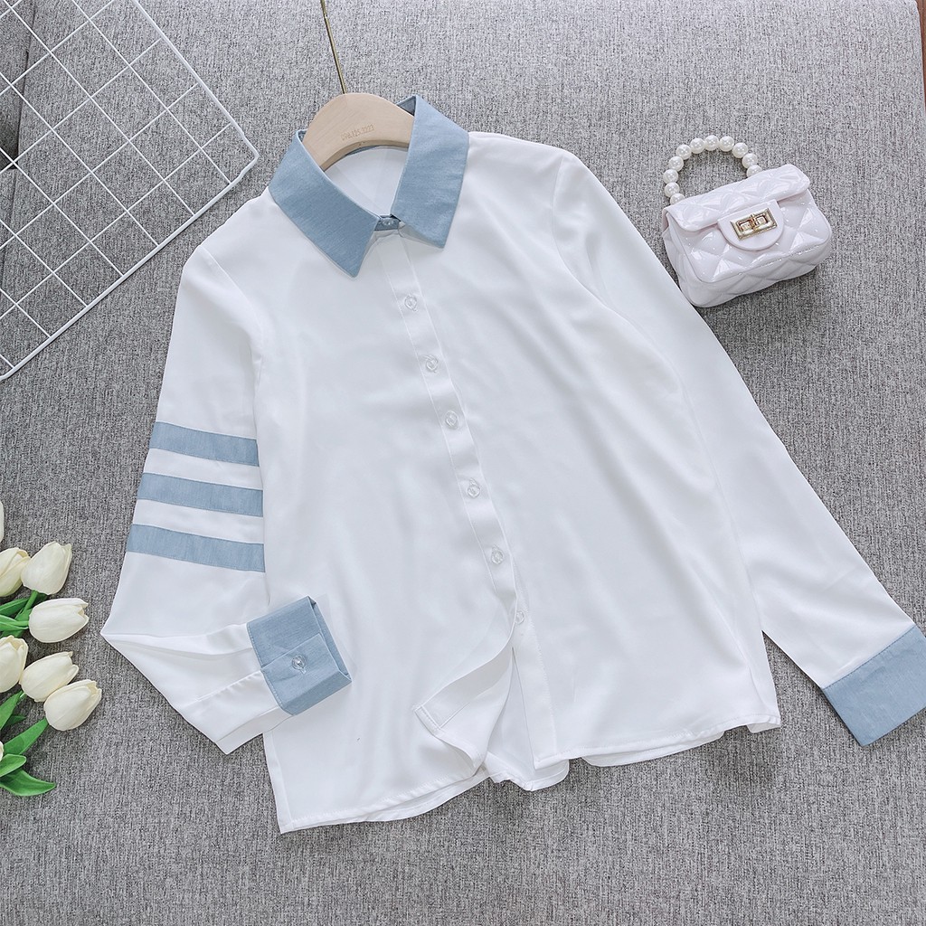 Áo sơ mi nữ trắng dài tay Chunxuu thiết kế tay phối sọc màu thanh lịch thời trang - SP39