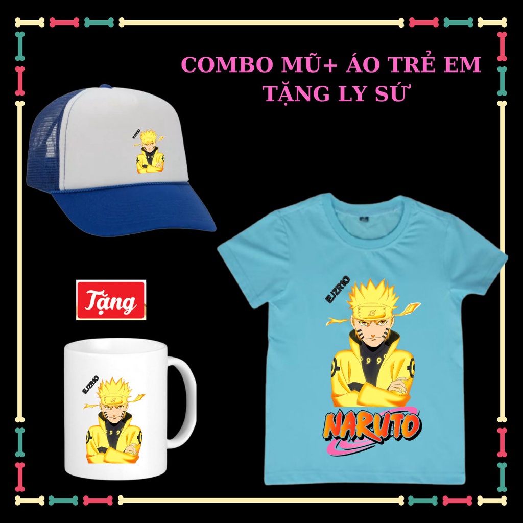 Combo Mũ lưỡi trai Áo thun Mẫu Naruto lục đạo siêu ngầu cho trẻ em-Tặng Ly sứ in hình Naruto lục đạo