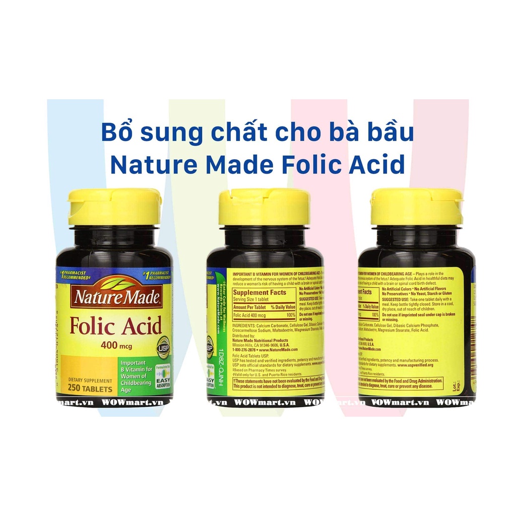 Viên uống Folic Acid 400mcg 250 viên Nature Made - USA