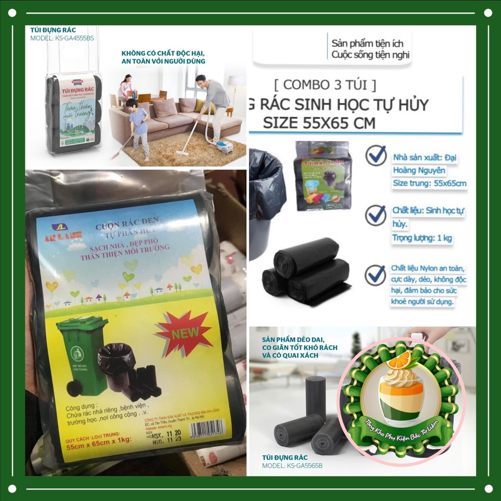Set 3 cuộn túi đựng rác tự hủy sinh học An Lành 55x65, 1kg túi rác đen công nghiệp nilon loại dày - Family Care