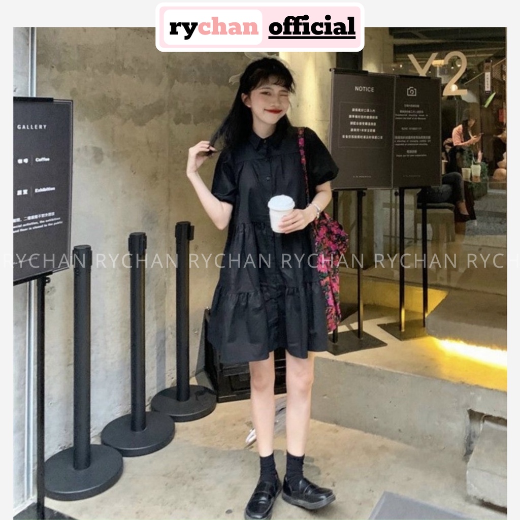 Đầm Babydoll Sơ Mi Nhún Tầng Dễ Thương Ulzzang, Đầm Form Rộng Suông Màu Trắng Đen Cute - DX9954