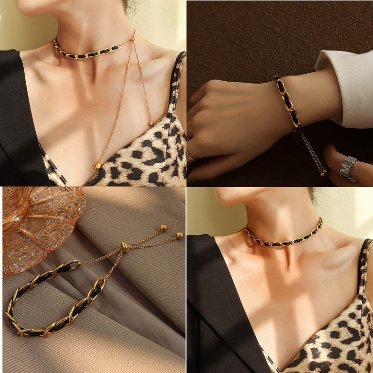 Bộ Trang Sức Nữ Lắc Tay Và Dây Chuyền Titan Không Rỉ Dây Xích Da Dây Rút TT 4109