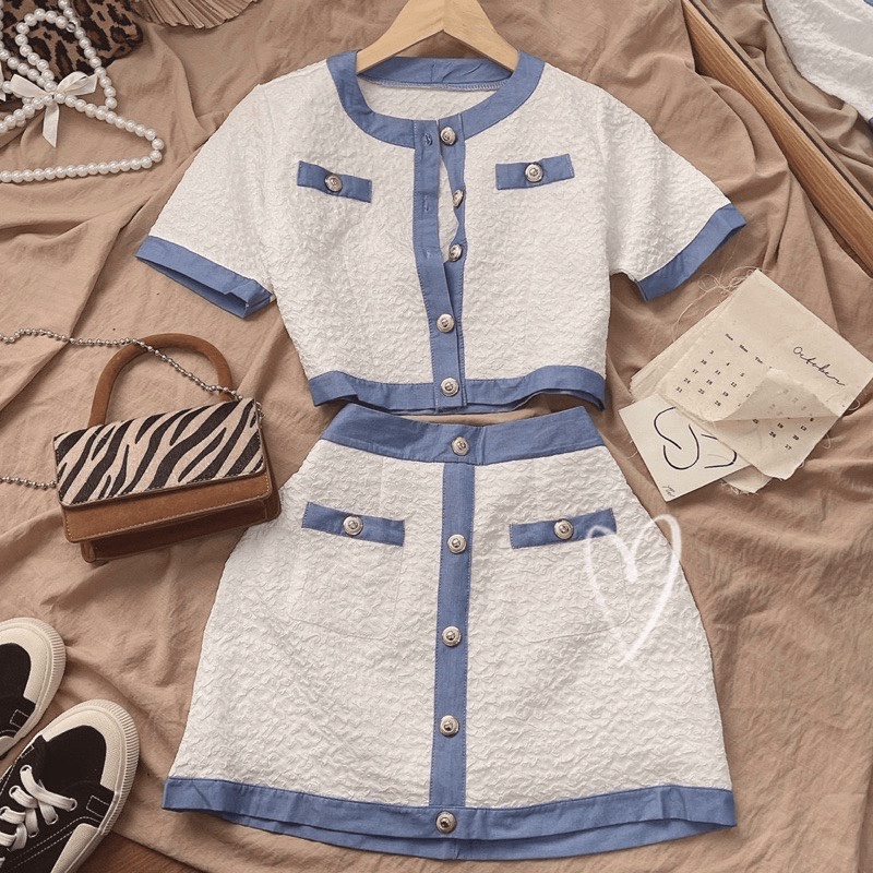 (Free Ship) SET XỐP VIỀN XANH NÚT ÁO CROPTOP + CHÂN VÁY CÓ LÓT h.h.p