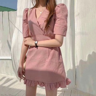Đầm suông cổ v đắp chéo thắt dây eo chất đũi cực mịn