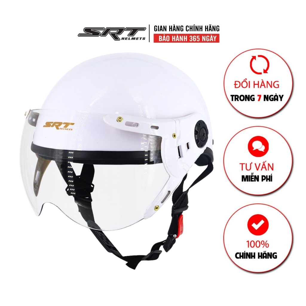 [Mã LT50 giảm 50k đơn 250k] Mũ bảo hiểm có kính SRT A33K màu trắng lồng ép nhiệt kính chống UV