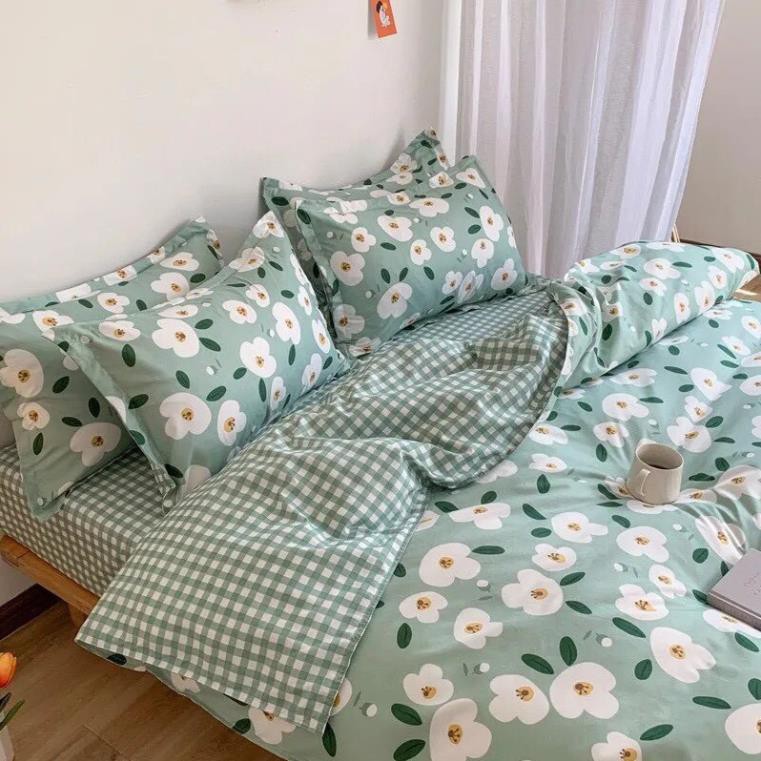 Chăn ga gối cotton poly hoa 3 cánh nhập khẩu bộ 4 món Chăn, ga , 2 vỏ gối Happy Bedding