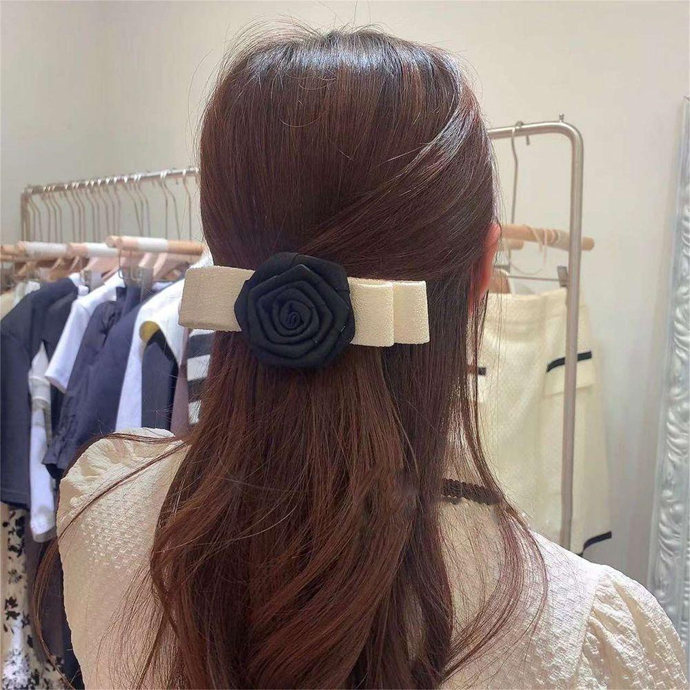 Kẹp Tóc Vải Màu Đen Họa Tiết Hoa Hồng Phong Cách Pháp Dễ Phối Đồ Cho Nữ