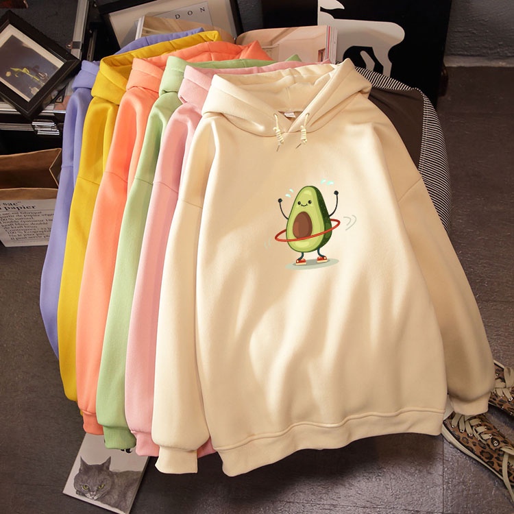 Áo Hoodie nỉ nữ chất liệu dày dặn mũ trùm đầu to in hình quả bơ xinh xắn