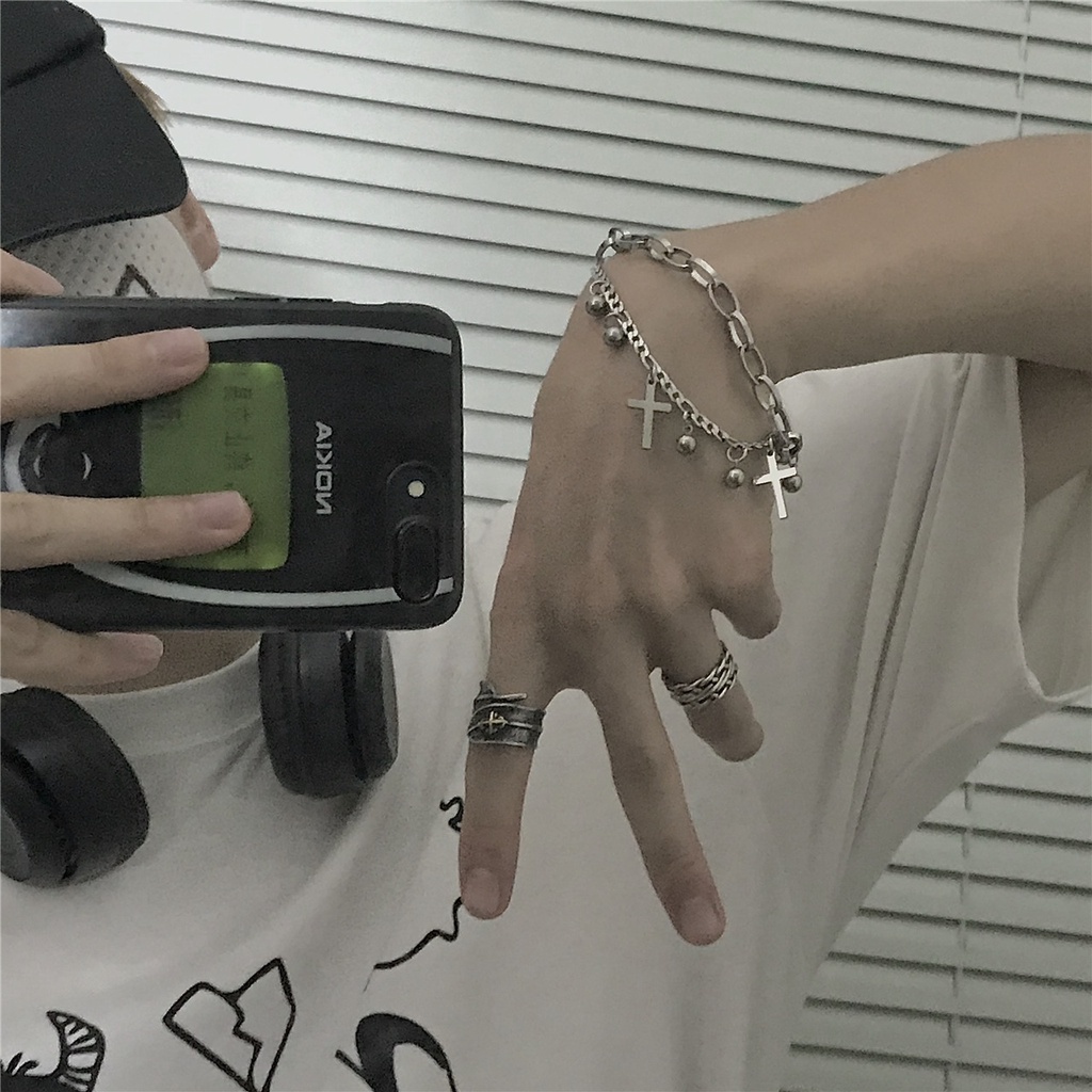 Vòng tay hai lớp bằng thép titan phối mặt hình thánh giá phong cách hip hop