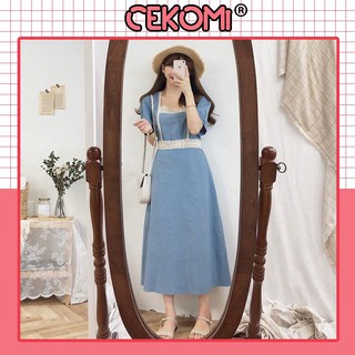 Đầm Vintage - Đầm Dáng Suông Tay Ngắn Chất Đũi Phối Ren 2 Màu