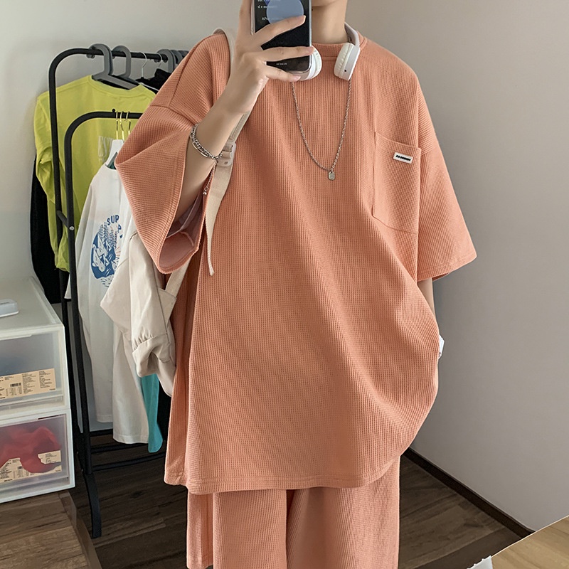 Set đồ thể thao 2 món gồm áo thun tay ngắn phối quần short dáng rộng kiểu Hồng Kông thời trang đường phố mùa hè cho nam