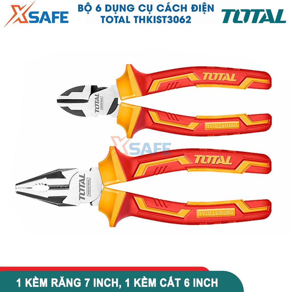 Bộ 6 công cụ cầm tay cách điện 1000V TOTAL THKIST3062 gồm 3 tua vít, 1 kềm răng, 1 kềm cắt cách điện và 1 bút thử điện