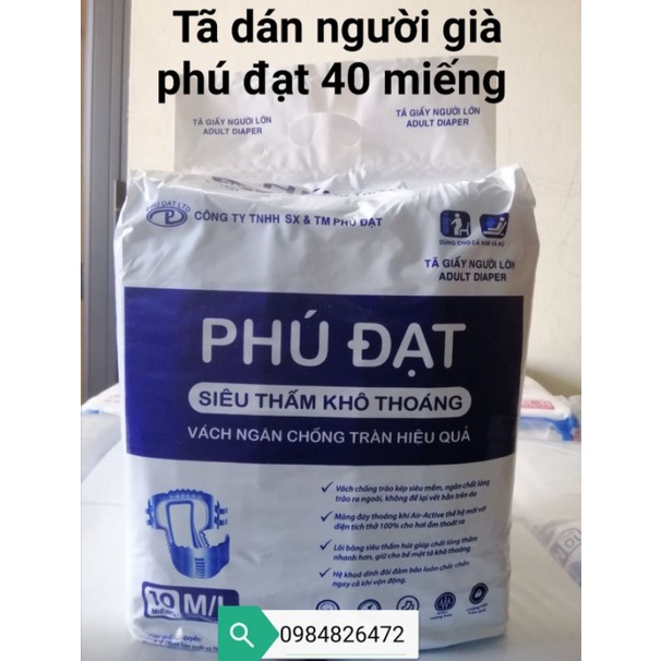 Tã bỉm dán người lớn 40 miếng Phú Đạt có vách chống tràn 2 bên size M /L từ 40_80kg dùng siêu tiết kiệm