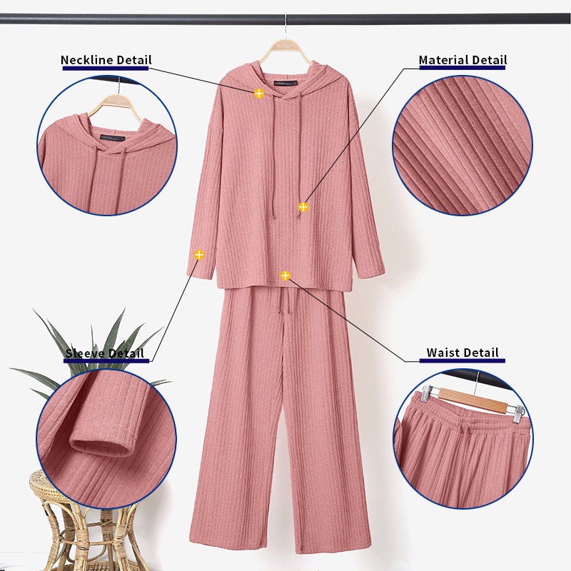 Set áo hoodie ZANZEA dài tay có mũ trùm đầu và quần phối dây rút lưng cao màu sắc đơn giản phong cách thể thao cho nữ