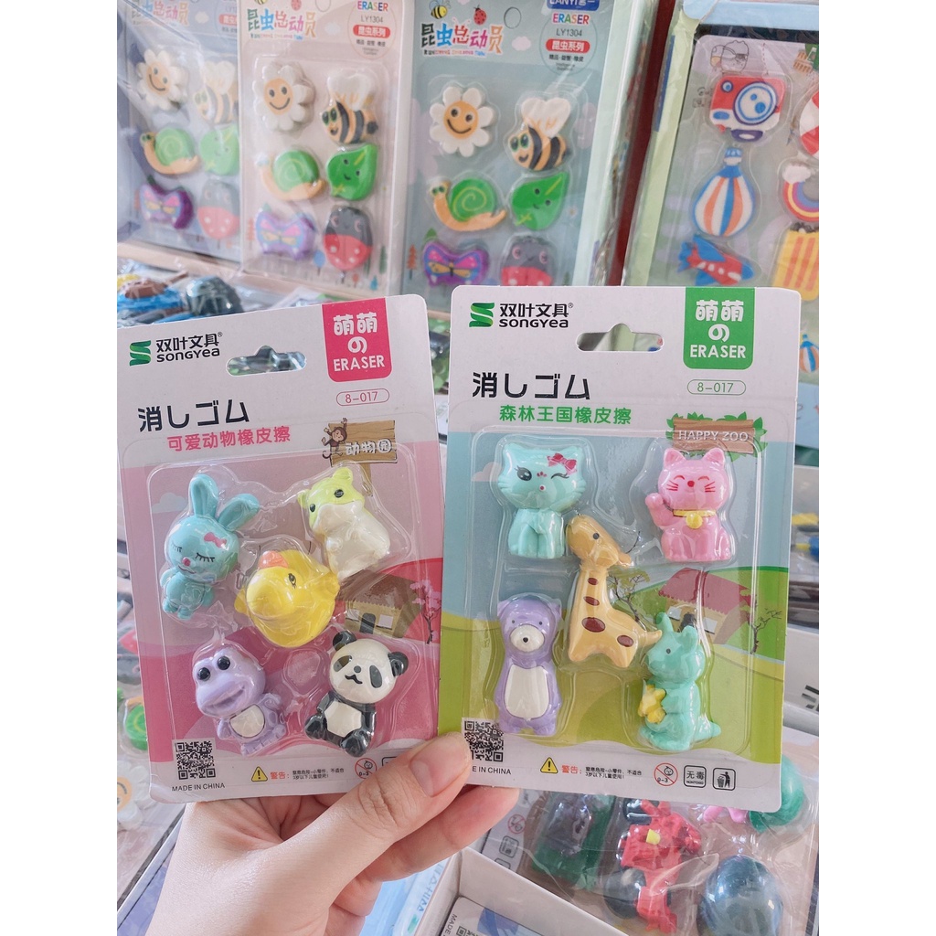 Vỉ 6 cục tẩy bút chì hình đồ chơi, đồ ăn, gôm tẩy nhiều hình ngộ nghĩnh hình thù độc đáo 【VỈ 6 TẨY CHÌ HÌNH THÚ】