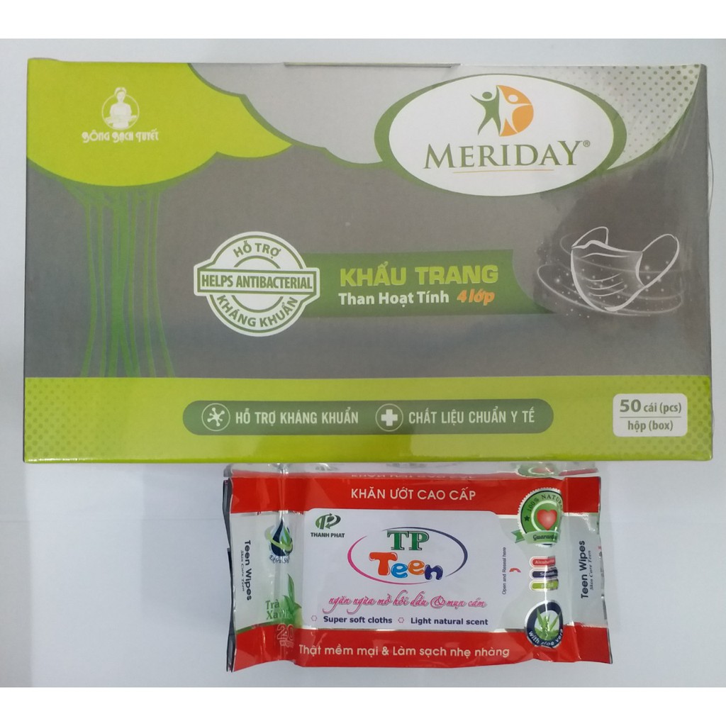 KHẨU TRANG MERIDAY THAN HOẠT TÍNH (4 LỚP, HỘP 50 CÁI) tặng 1 khăn giấy ướt 20 miếng | BigBuy360 - bigbuy360.vn