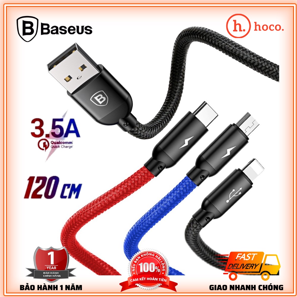Cáp Sạc Đa Năng 3 Đầu Baseus 3 in 1 - Dây Sạc 3 Đầu dây dù dùng cho các dòng máy và Truyền Dữ Liệu Tốc Độ Cao Cho chân L