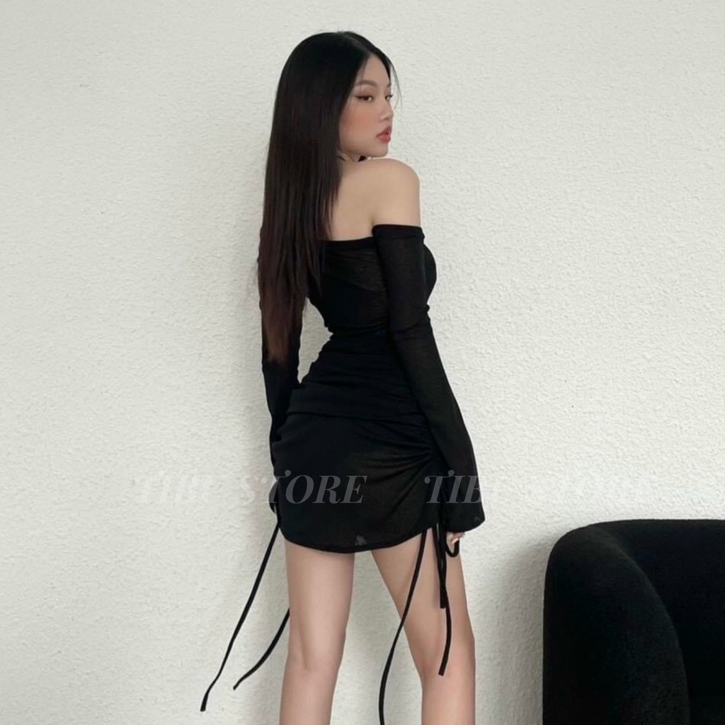 Đầm body tay dài lệch vai TIBU, Váy nữ kèm bra tôn dáng gợi cảm phối dây rút đi chơi dự tiệc