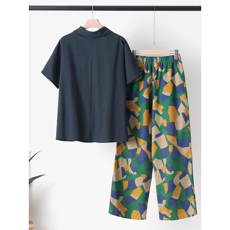 Zanzea Set Áo Cổ Lọ Tay Lỡ Họa Tiết Hình Học Kèm Quần Dài Lưng Thun Cao Thời Trang