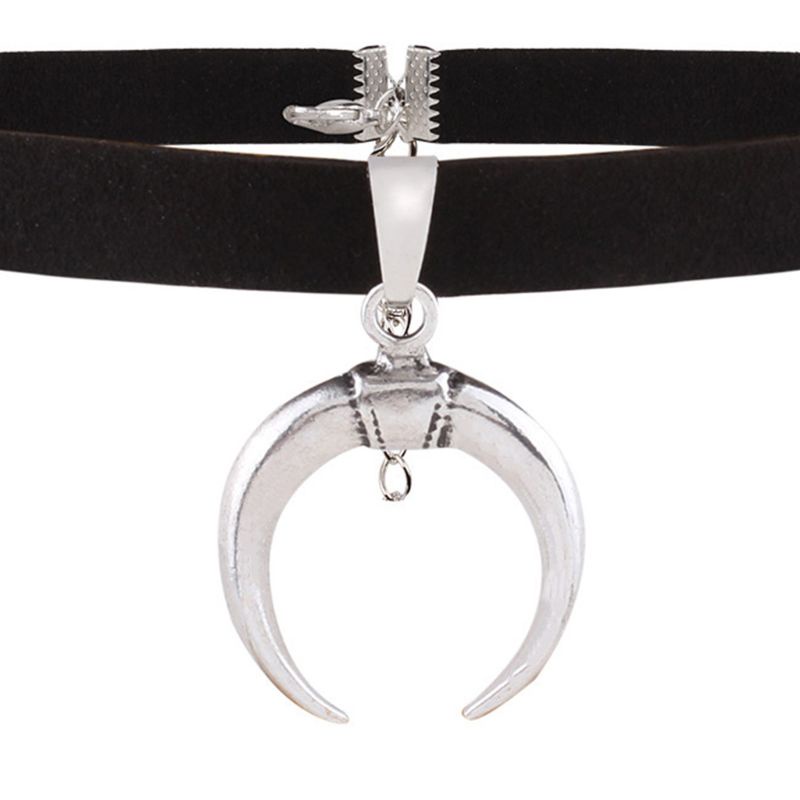 Vòng cổ choker da PU màu đen đính mặt trăng thủ công phong cách Gothic quyến rũ đơn giản cho nữ