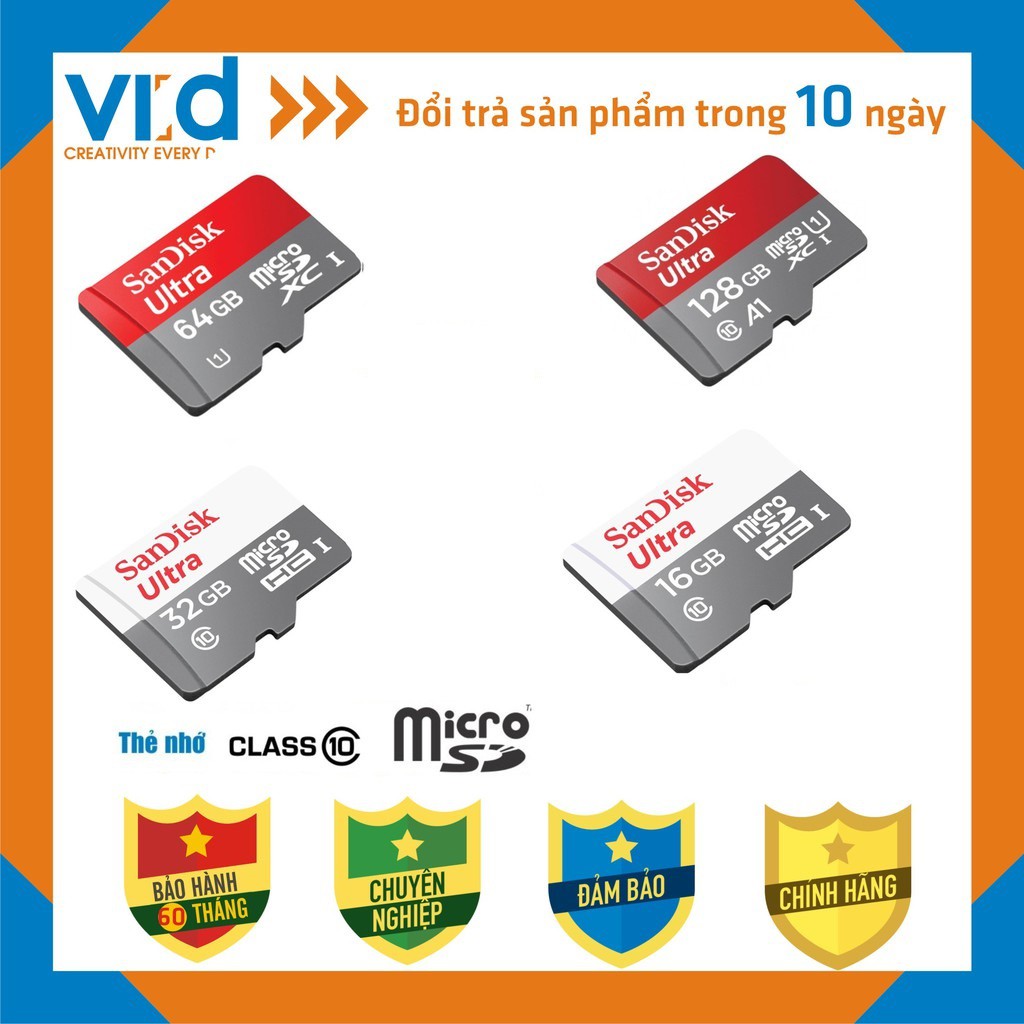 Thẻ Nhớ SanDisk Micro SDHC 128GB / 64GB / 32GB / 16GB Ultra UHS-I 80MB/S - Bảo hành 5 năm