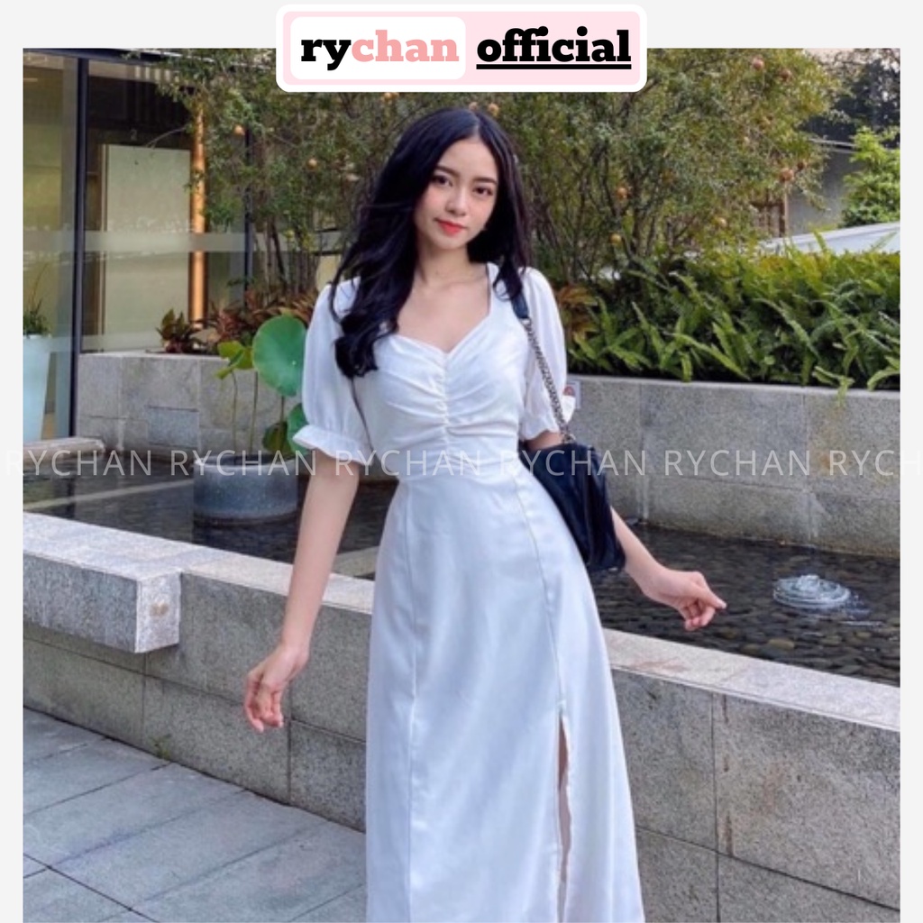 Đầm Nữ Dự Tiệc Cổ Tim Nhúng Ngực Bo Tay Thắt Eo Xẻ Tà Quyến Rũ Sang Chảnh Màu Trắng Xanh Đen - DX9884